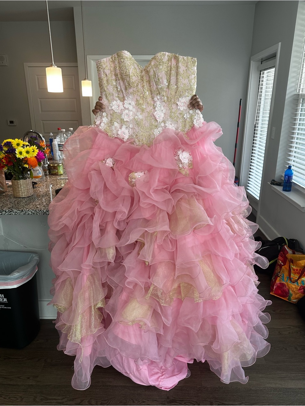 Quinceañera Collection Pink/Gold Lace Organza Ruffle Corset Ball Gown Dress